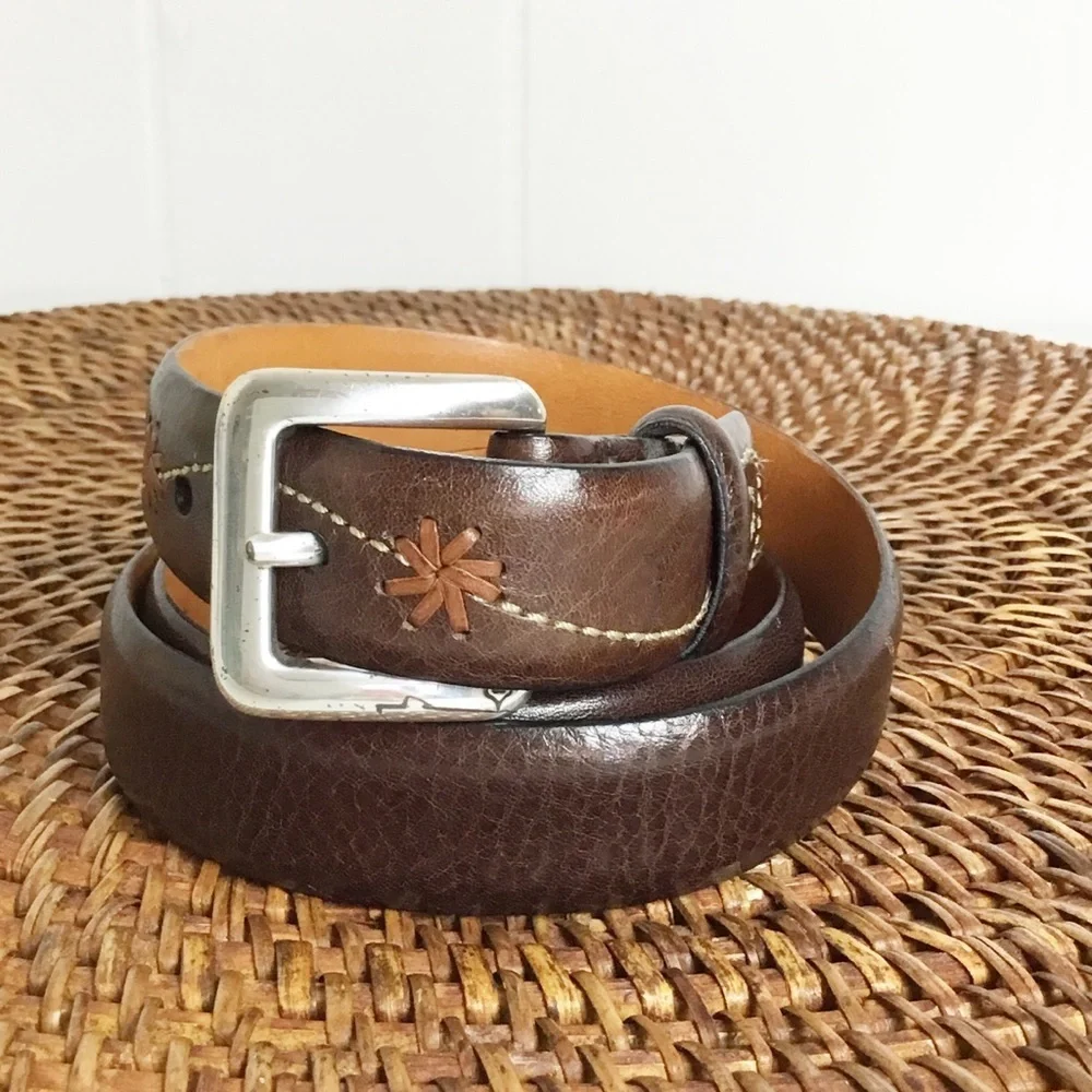 Vintage Brighton Brown With Flowers Embroidery Leather Belt Size M 30